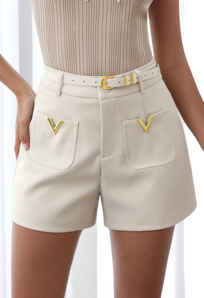 Golden V-Shape Metal Decor Belted Shorts in Ivory