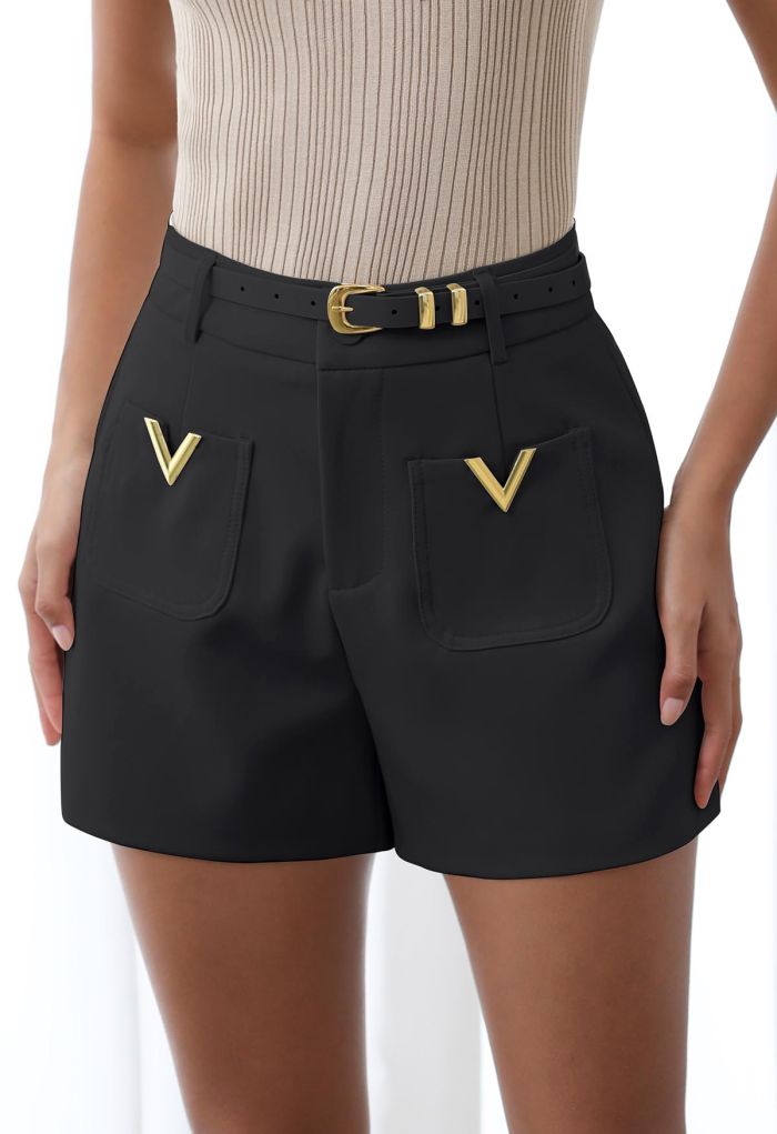 Golden V-Shape Metal Decor Belted Shorts in Black