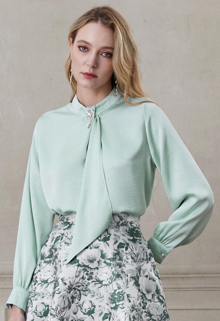 Brooch Decor Necktie Textured Satin Top in in Mint