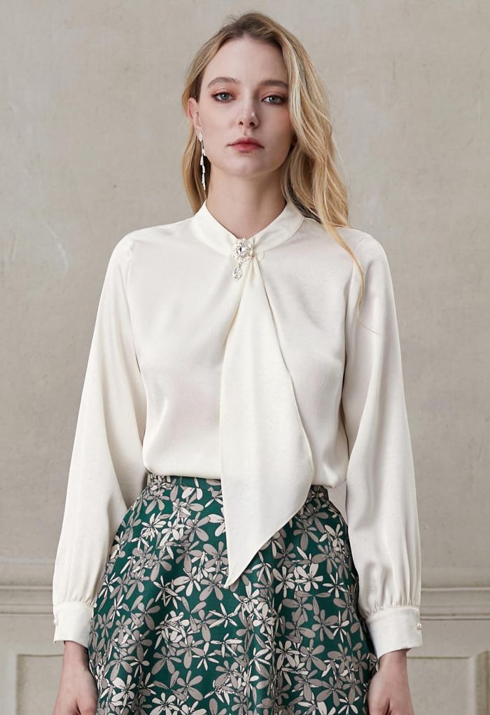 Brooch Decor Necktie Textured Satin Top in Ivory
