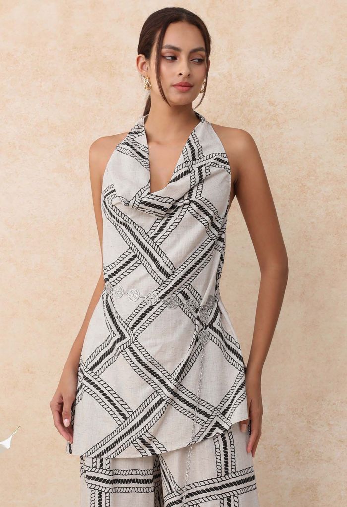Geometric Grid Linen-Blend Backless Halter Top