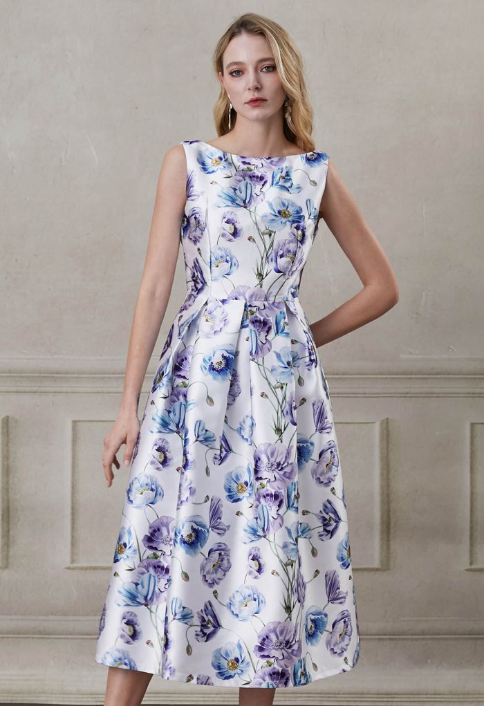 Watercolor Anemone Blossom Sleeveless Midi Dress
