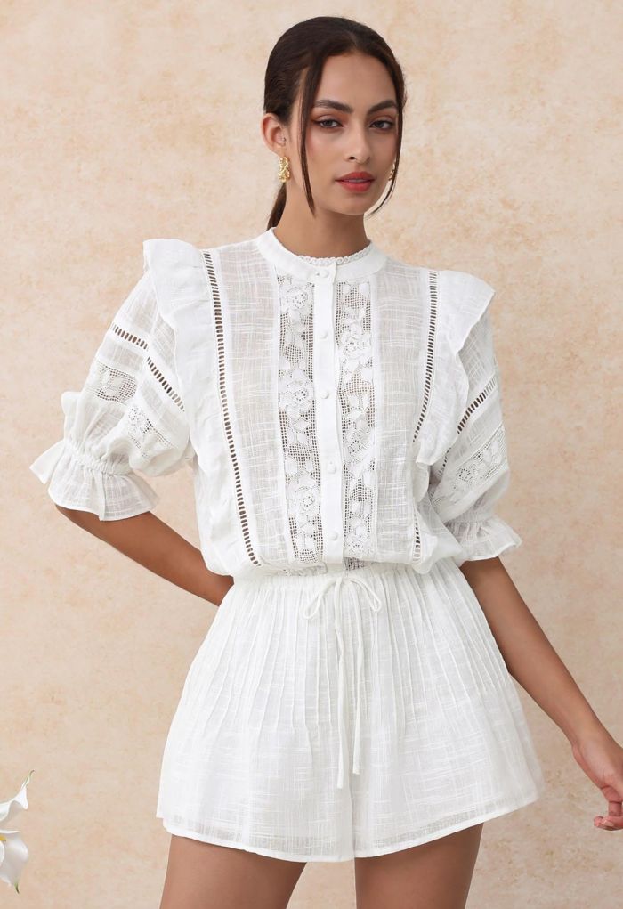 Beachy Vibes Eyelet Lace Inserted Cotton Playsuit in White