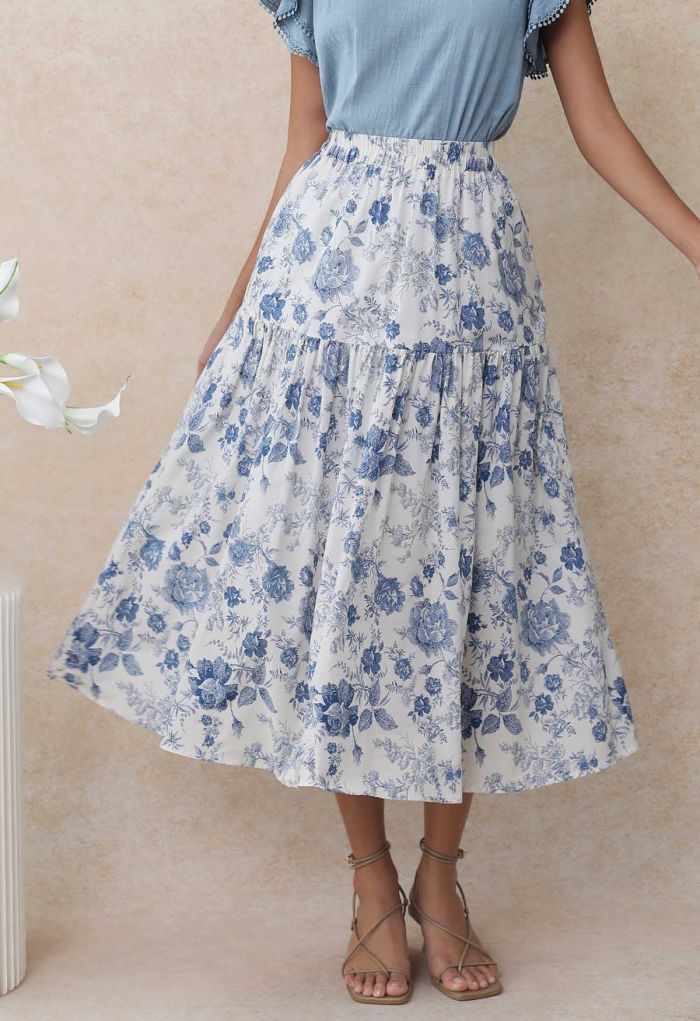 Blue Rose Printed Tiered Cotton Midi Skirt
