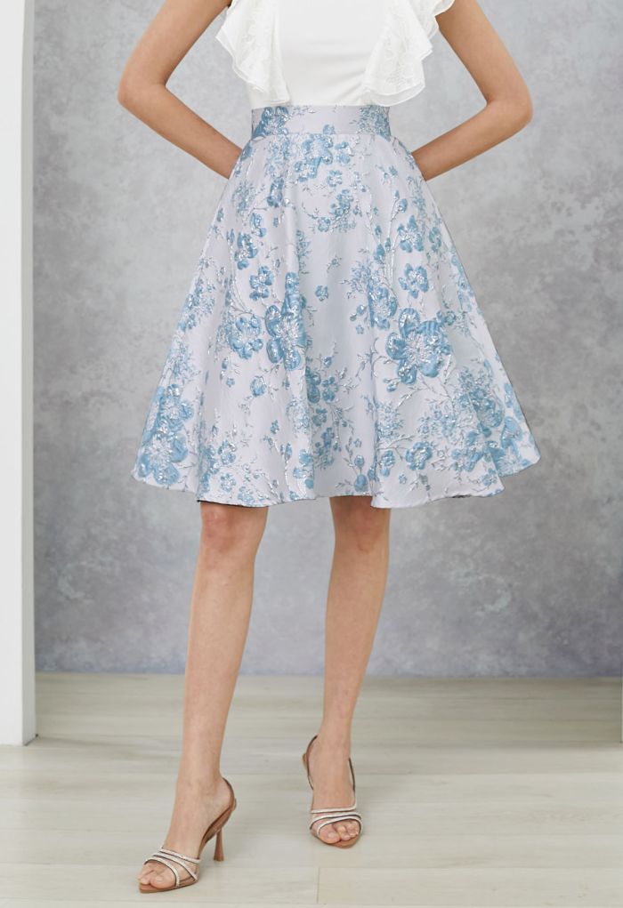 Charming Blue Floral Embossed Jacquard Midi Skirt