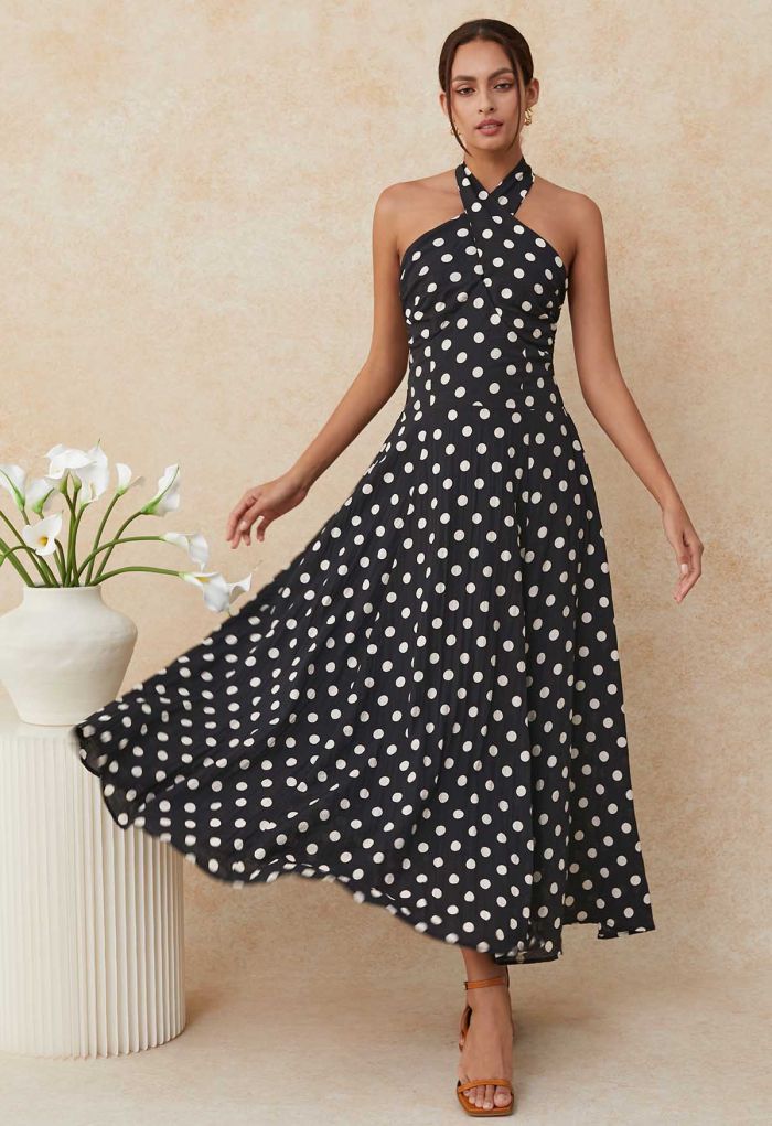 Crisscross Self-Tie Halter Neck Maxi Dress in Dots
