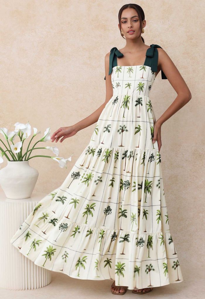 Tropical Tree Tie-Shoulder Cami Maxi Dress