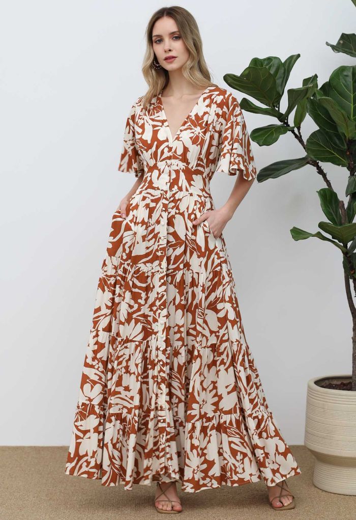 Floral Shadow Deep V-Neck Button Down Maxi Dress