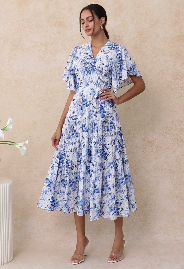 Swallow and Peony Printed Flutter Sleeve Faux-Wrap Dress