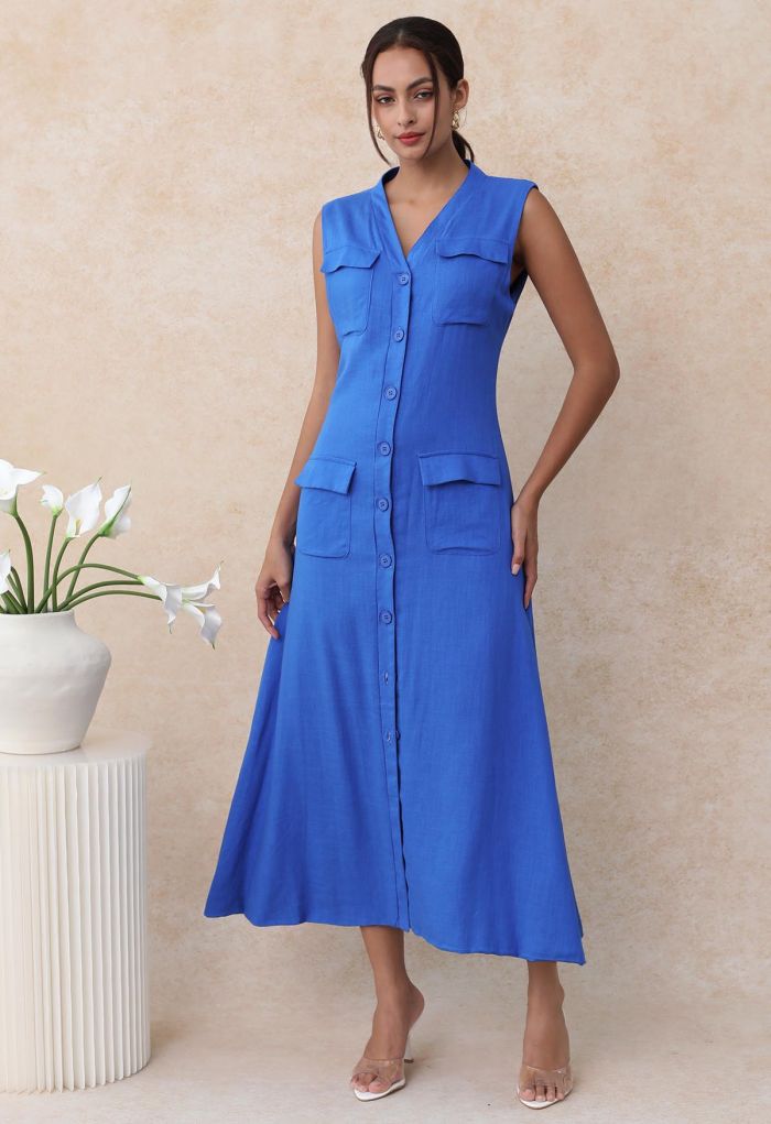 Flap Pocket Button Down Sleeveless Maxi Dress in Indigo
