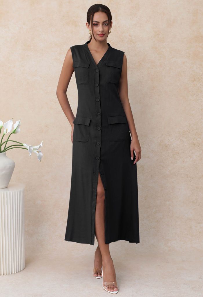 Flap Pocket Button Down Sleeveless Maxi Dress in Black