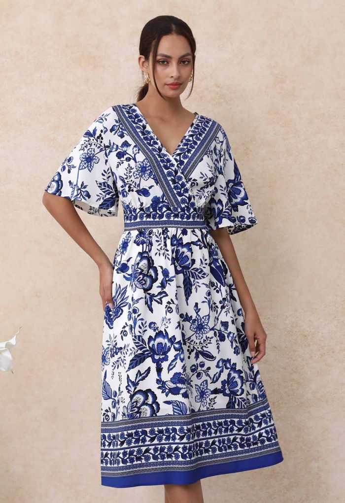 Navy Floral Faux-Wrap Flutter Sleeve Midi Dress