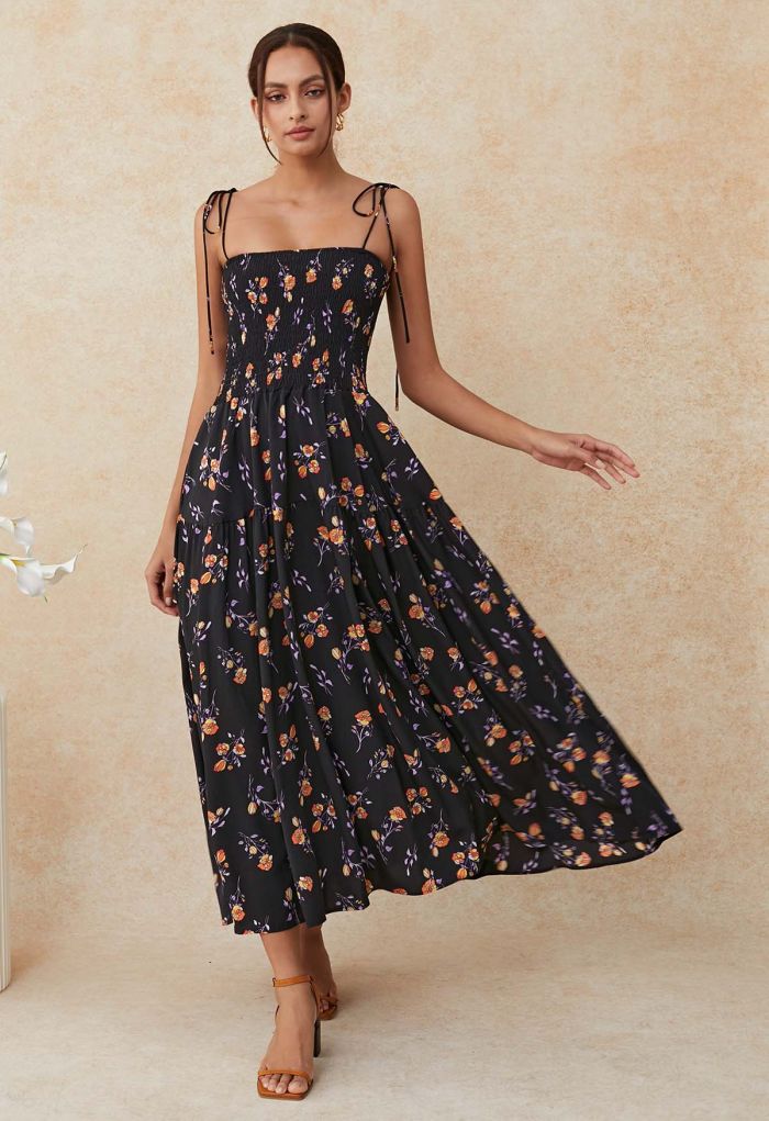 Orange Posy Printed Tie-Shoulder Shirred Dress