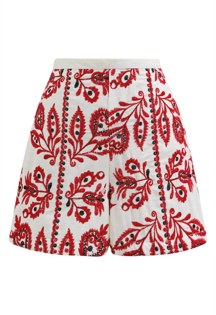 High Waist Floral Embroidered Shorts in Red