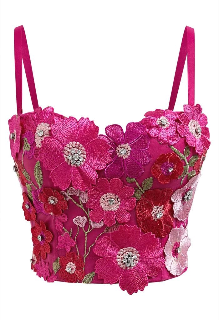 3D Floral Applique Rhinestone Bra Top in Magenta