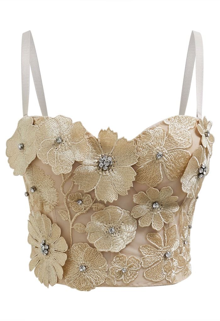 Solid Color Floral Applique Rhinestone Bra Top in Apricot
