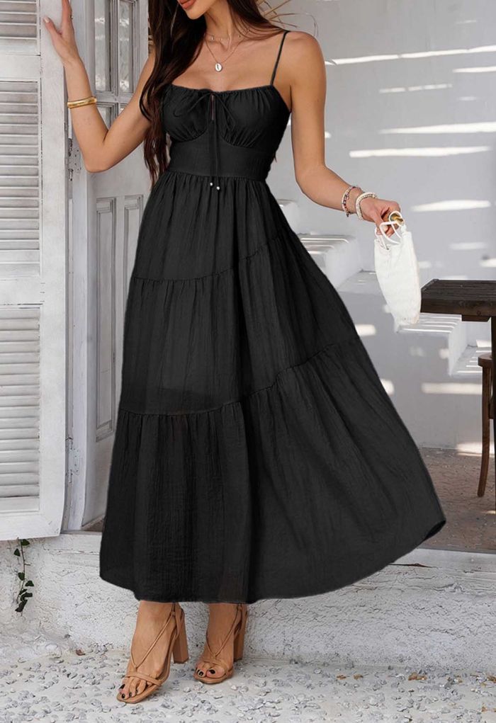 Self-Tie Bowknot Shirred Crinkled Tiered Dress in Black