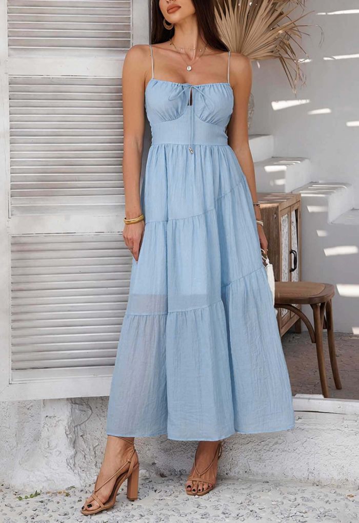 Self-Tie Bowknot Shirred Crinkled Tiered Dress in Light Blue