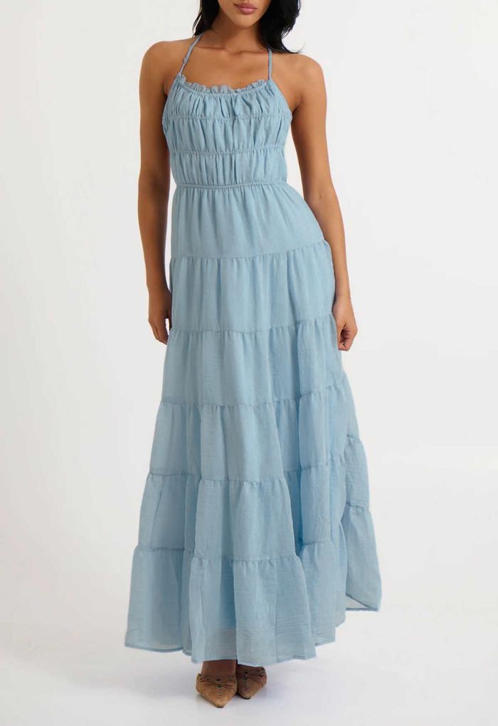 Tie-Back Crinkled Tiered Halter Dress in Light Blue