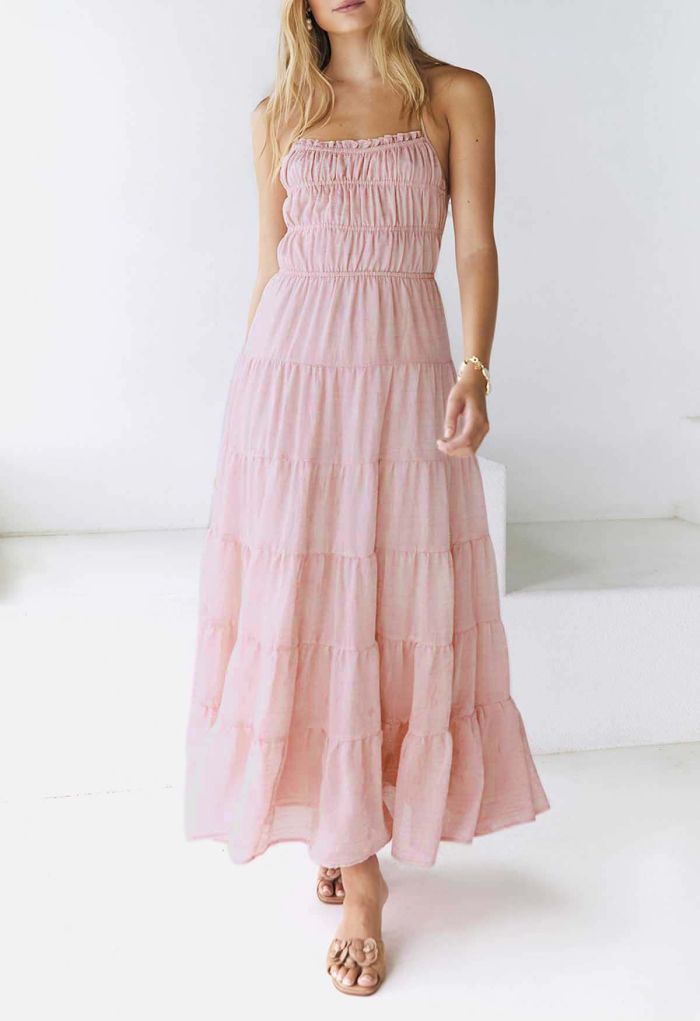 Tie-Back Crinkled Tiered Halter Dress in Light Pink