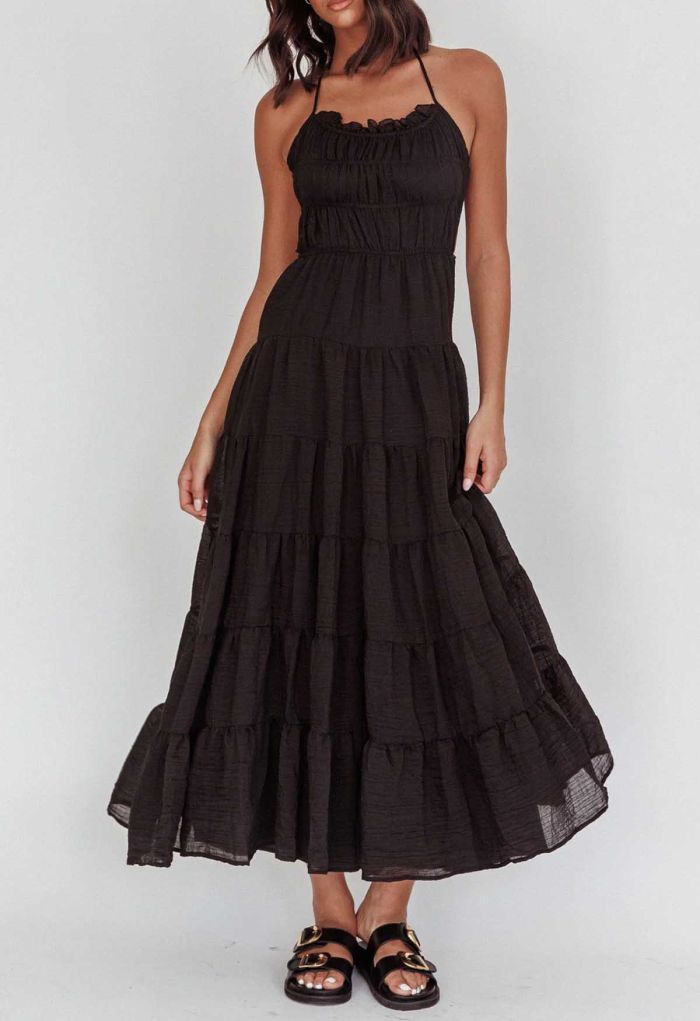 Tie-Back Crinkled Tiered Halter Dress in Black