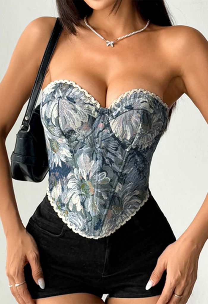 Tapestry Floral Lace-Up Back Bustier Top
