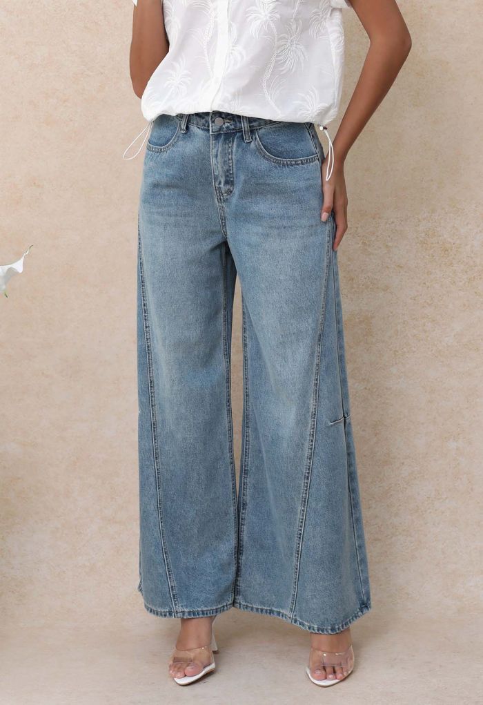 Lace Back Pocket Wide-Leg Seamed Jeans