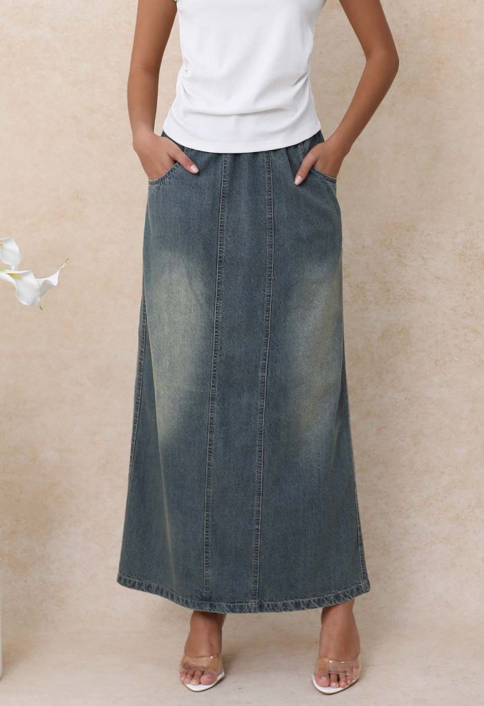 Seamed Vintage-Wash Denim Maxi Skirt