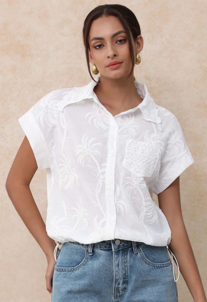 Coconut Tree Embroidered Loose Cotton Shirt in White