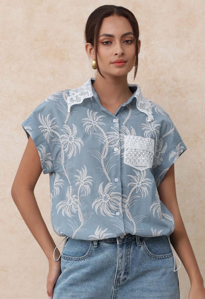 Coconut Tree Embroidered Loose Cotton Shirt in Light Blue