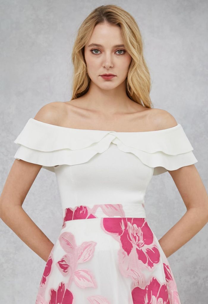 Off-Shoulder Tiered Cropped Knit Top in White