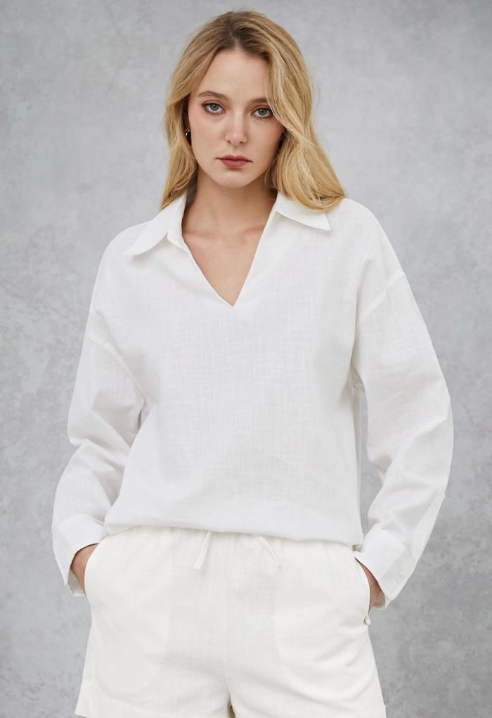 Collared V-Neck Linen-Blend Loose Shirt in White