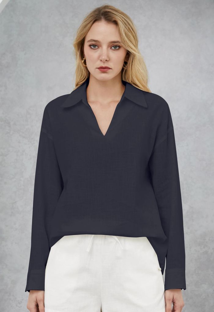 Collared V-Neck Linen-Blend Loose Shirt in Navy