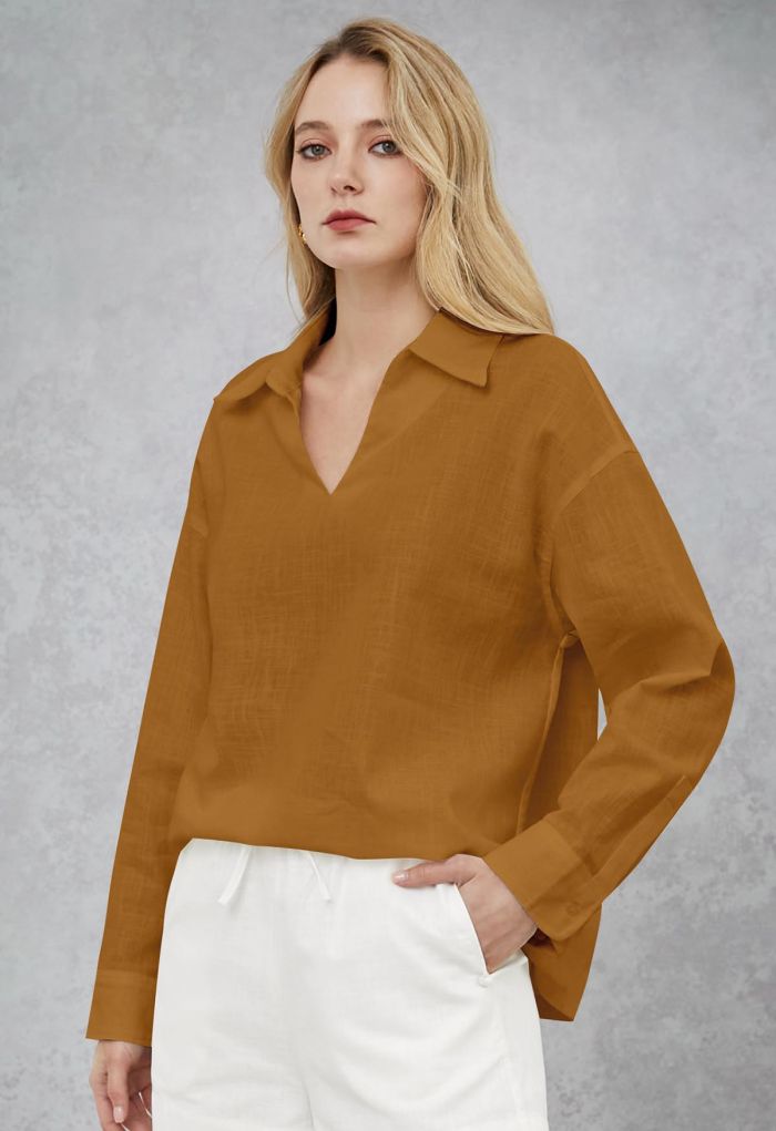 Collared V-Neck Linen-Blend Loose Shirt in Caramel