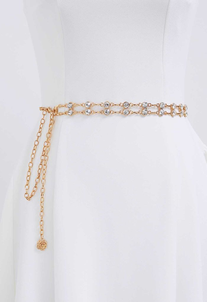Double-Layered Rhinestone Chain Belt in Gold