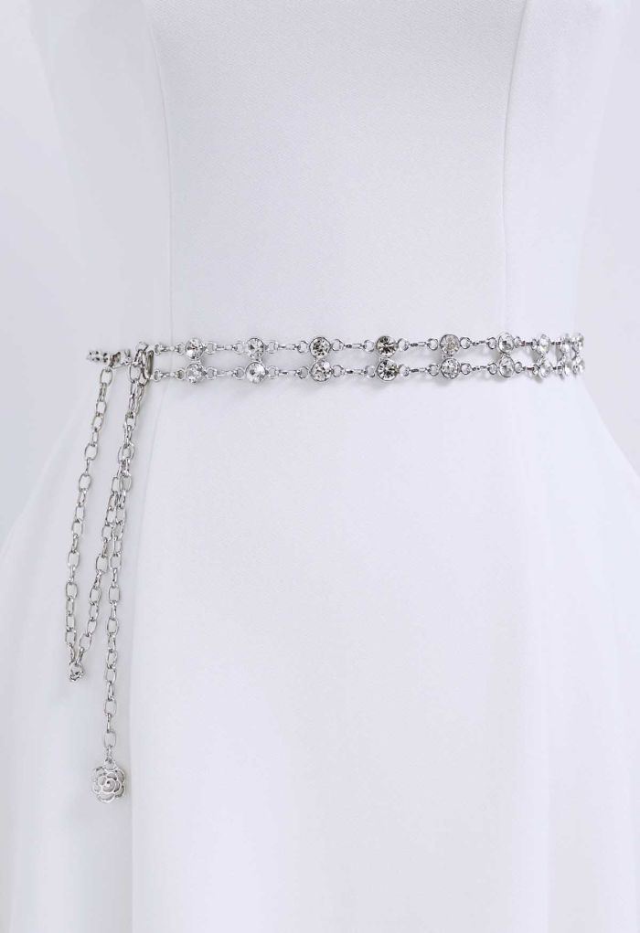 Double-Layered Rhinestone Chain Belt in Silver