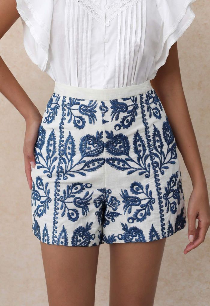 High Waist Floral Embroidered Shorts in Navy