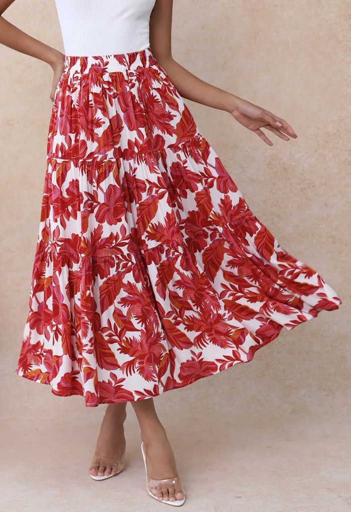 Tropical Floral Printed Elastic Waist Maxi Skirt in Red