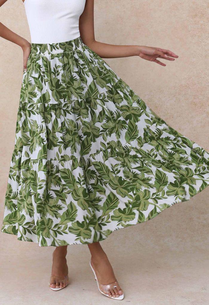 Tropical Floral Printed Elastic Waist Maxi Skirt in Green
