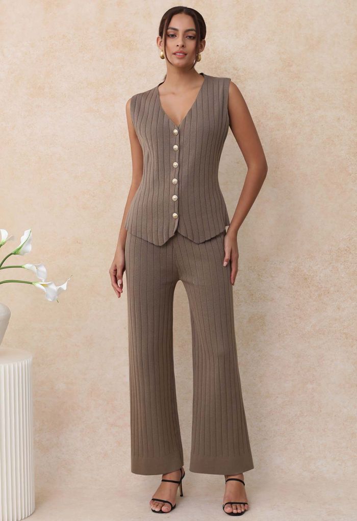 Vertical Rib Knit Buttoned Vest and Pants Set in Taupe