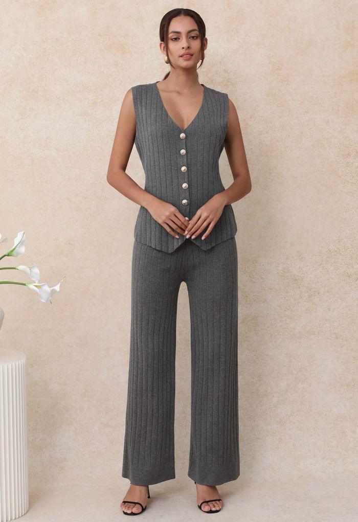 Vertical Rib Knit Buttoned Vest and Pants Set in Smoke
