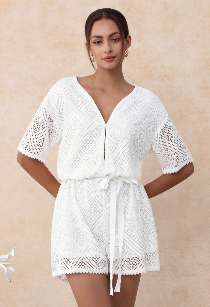 Deep V-Neck Eyelet Crochet Playsuit