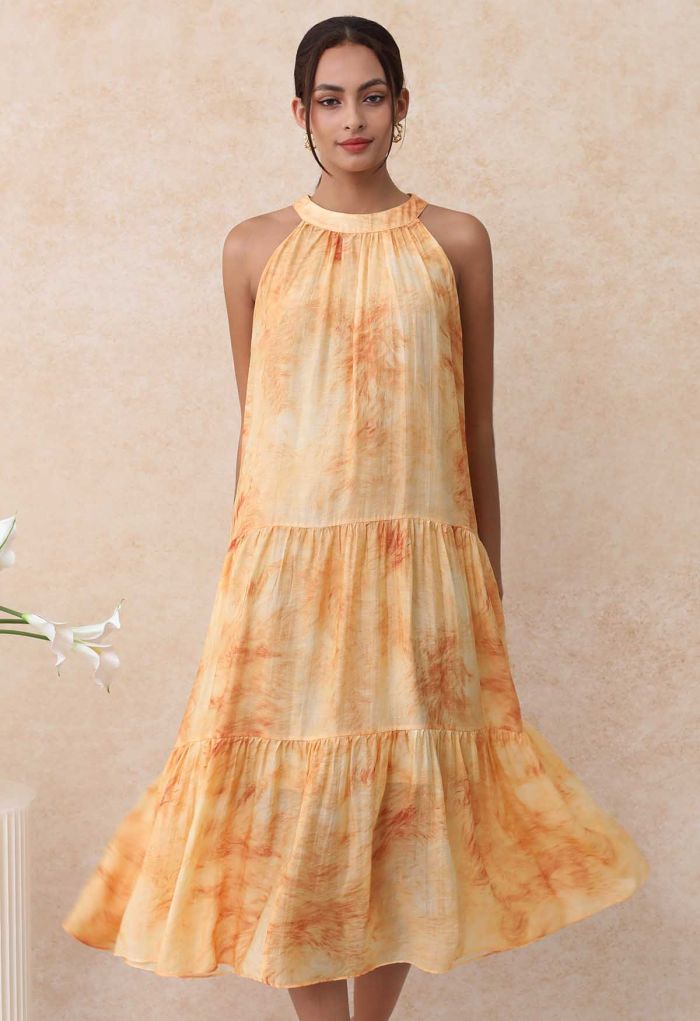 Watercolor Printed Sleeveless Halter Neck Midi Dress in Orange