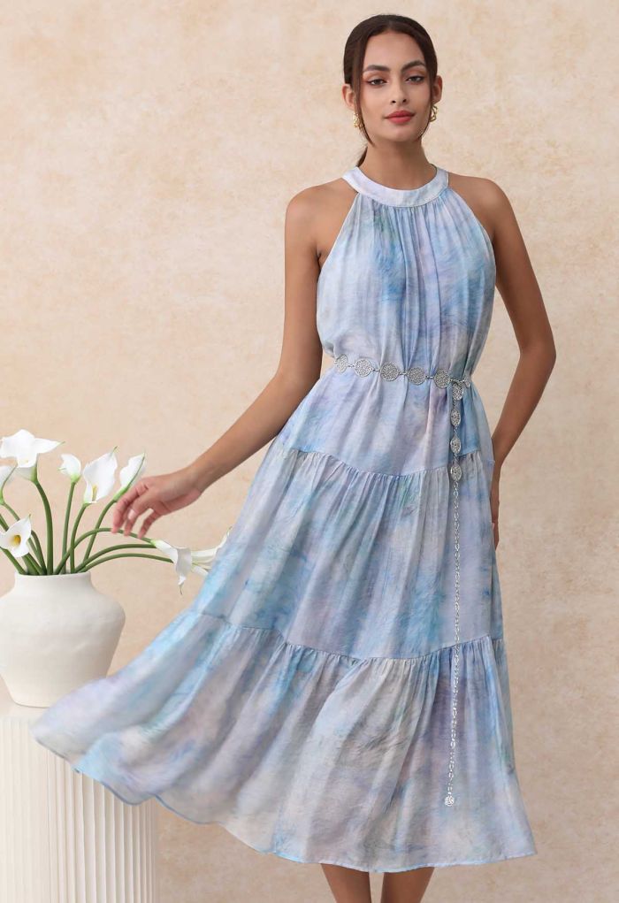 Watercolor Printed Sleeveless Halter Neck Midi Dress in Blue