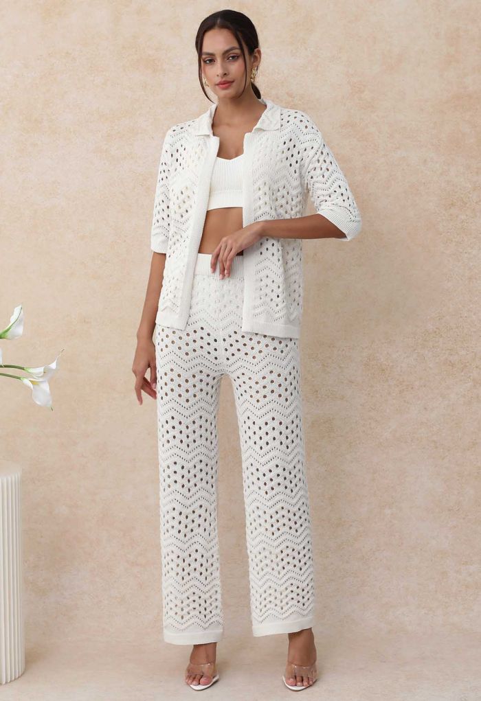 Wavy Open-Knit Crochet Top and Pants Set