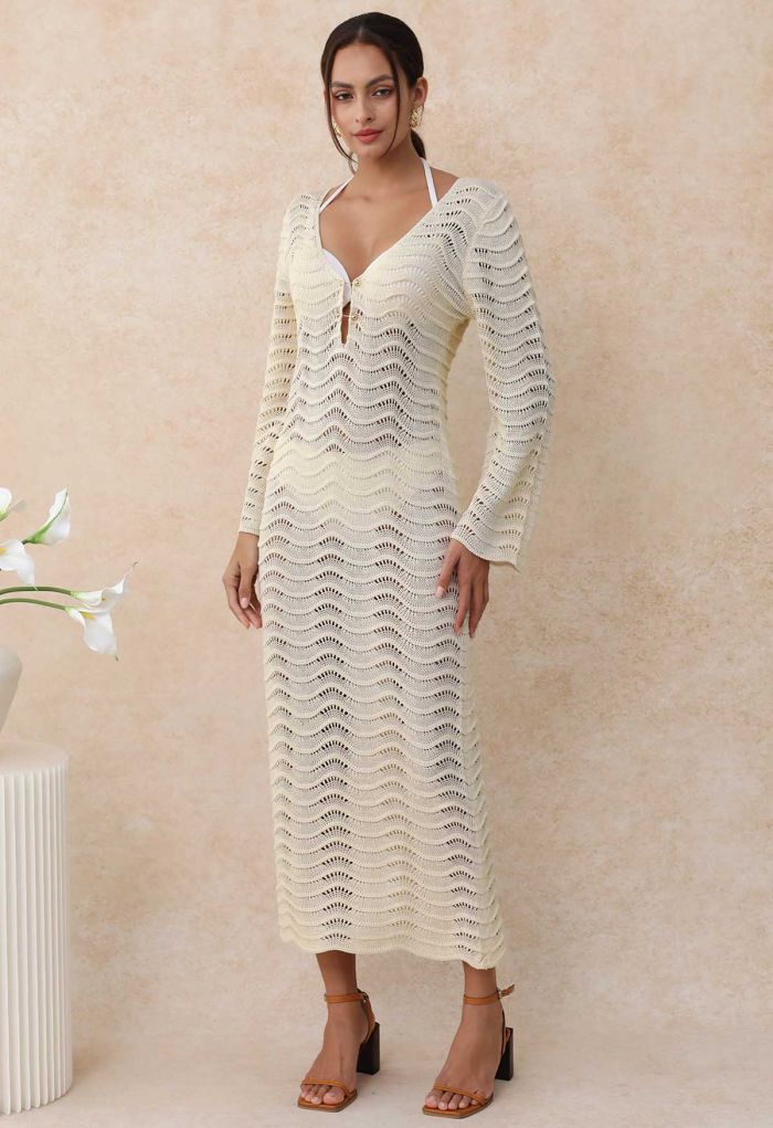 V-Neck Wavy Open-Knit Crochet Cover-Up Maxi Dress in Sand