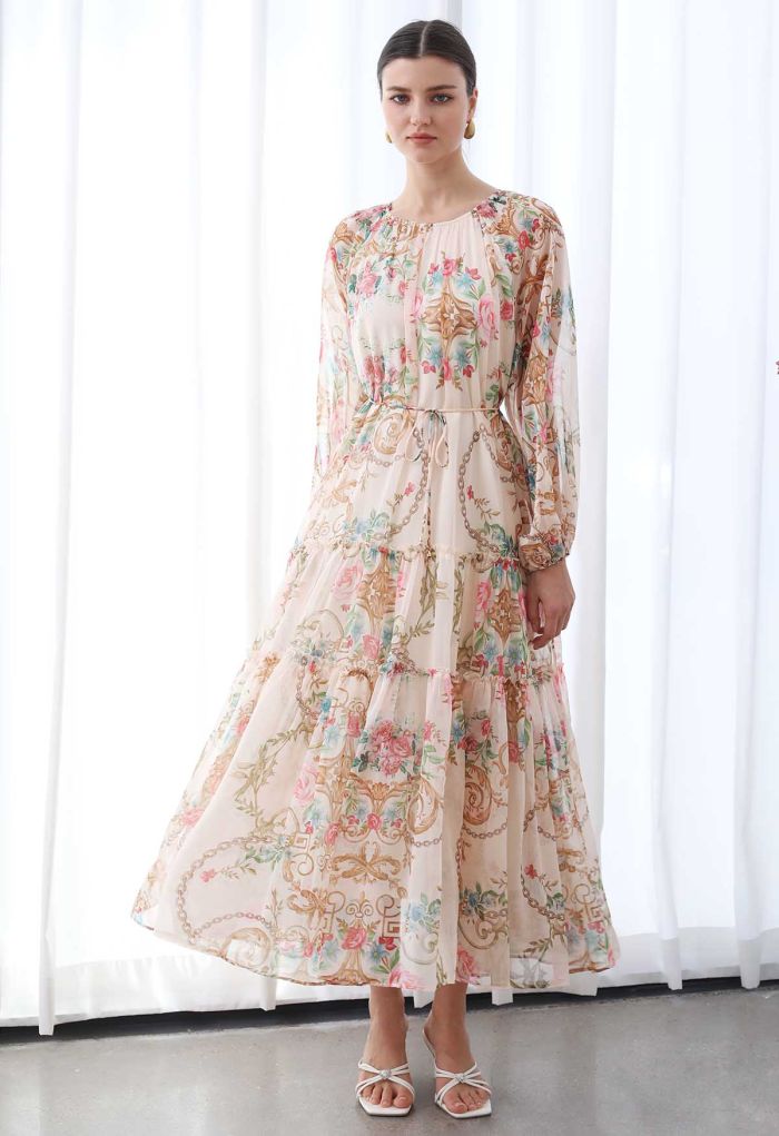 Peony Printed Ruffle Lantern Sleeve Maxi Dress in Apricot