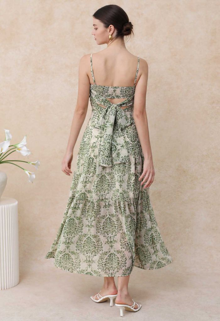 Green Damask Printed Tie-Back Cami Dress