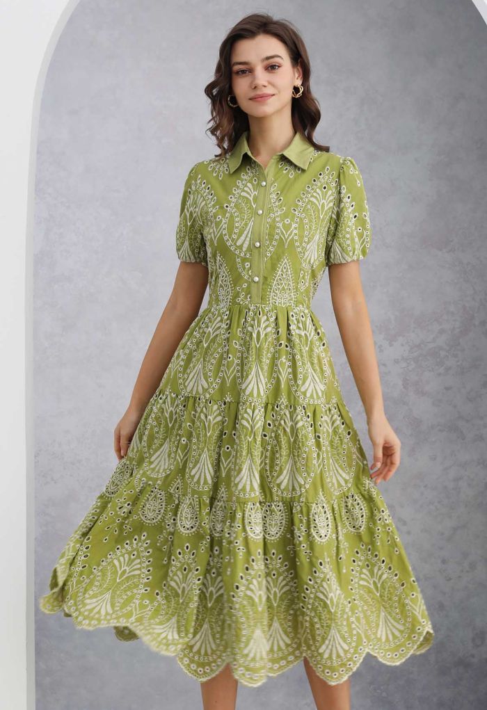Boho Charm Embroidered Floral Eyelet Midi Dress
