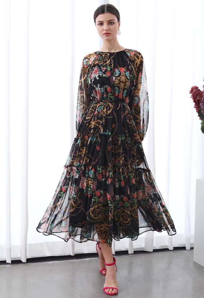 Peony Printed Ruffle Lantern Sleeve Maxi Dress in Black